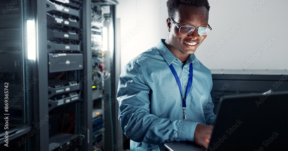 Fototapete Laptop, server room and technician programming software, update or system network maintenance. Technology, data center or happy black man on database for information, cybersecurity or cloud computing