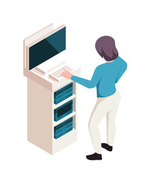 Isometric medical worker. Female doctor stands next to medical equipment and fills out documents in patient database. Healthcare and disease treatment. 3D vector illustration isolated on background