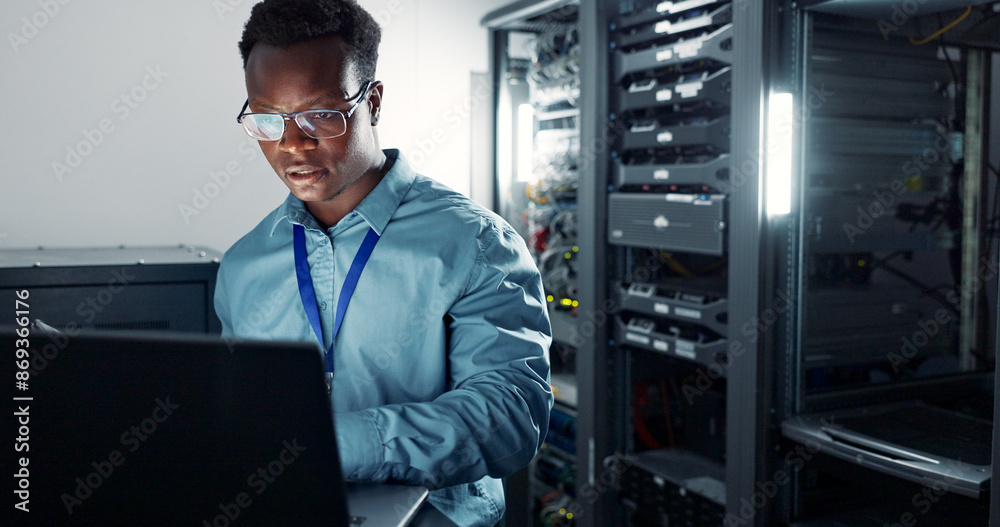 Poster Man, laptop and engineer working in server room, firmwear update and programmer for cyber security. Developer, confident and IT support or upgrade network for gdpr, database and data centre with tech