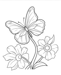 Obraz premium Happy Butterfly And Flower Coloring Book. Black and white Moth vector illustration for children coloring page.