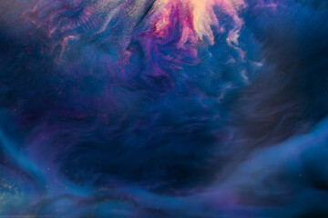 A mesmerizing painting of a galaxy with swirling violet clouds resembling cumulus formations, set against an electric blue sky, creating a stunning cosmic pattern
