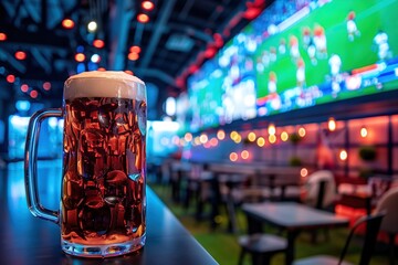 Cold Beer Mug on Bar Counter in Vibrant Sports Bar with Multiple TVs
