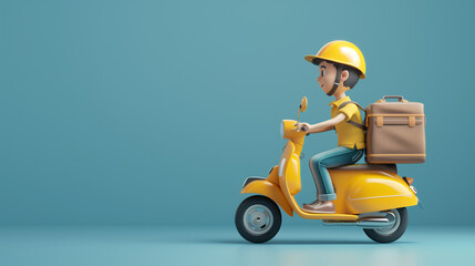 A charming 3D cartoon illustration of a delivery rider on a yellow scooter, carrying a large box on his back