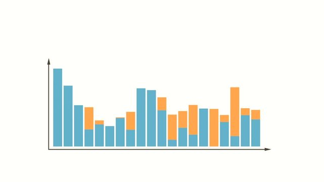 Blue and orange  bar chart moving up and down. Business, research, data, financial report, production, industry, presentation.