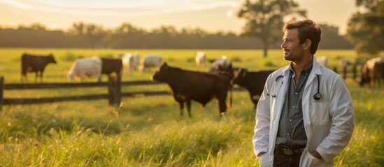 A man in a white lab coat walks through a field of cows