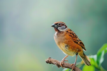 Sparrow perched on branch against soft green background