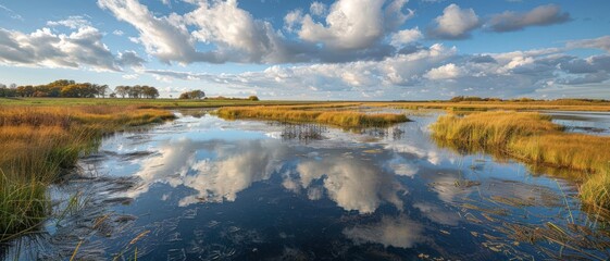 Obraz premium A vast floodplain landscape with a network of marshes