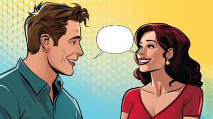 Retro comic book style illustration of a man and woman having dialogue in a pop art cartoon setting with speech bubbles.