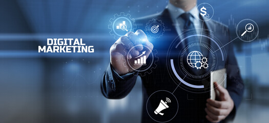 DIgital marketing online internet SEO SEM SMM. Businessman pressing button on screen.