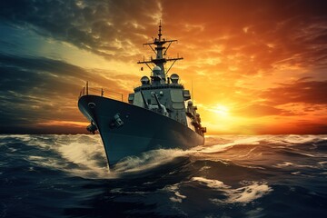 Obraz premium American Modern Warship In Rays Of The Sun. 3D Illustration. 