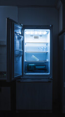 Open empty refrigerator Refrigerator open empty fridge inside interior Close up on empty refrigerator with door open New clean refrigerator 