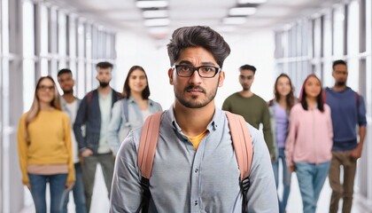 Obraz premium Sad student feeling lonely in a crowded hallway.
