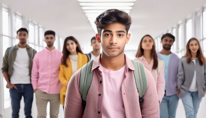 Fototapeta premium Sad student feeling lonely in a crowded hallway.