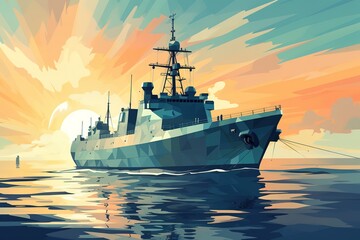 Fototapeta premium American Modern Warship In Rays Of The Sun. 3D Illustration. 