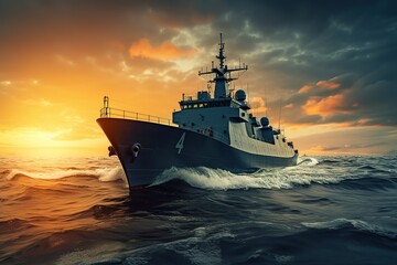 Fototapeta premium American Modern Warship In Rays Of The Sun. 3D Illustration. 
