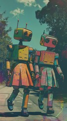 Fototapeta premium A picture of two robots walking to school