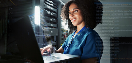 Woman, laptop and engineer work in server room, firmwear update and programmer for cyber security....