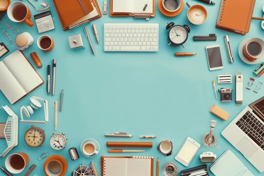 A dynamic mix of home office essentials like desks, chairs, and gadgets creating an inspiring explosion with copy space