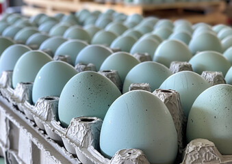 blue Eggs in the box - ecological farming in Europe - Close-Up