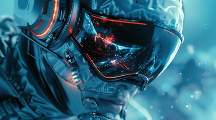 Extreme close-up of a sci-fi man in a futuristic helmet with reflections of a neon-lit environment.