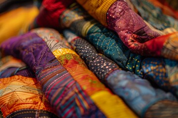 Fototapeta premium A close-up shot of a colorful patchwork quilt, showcasing various fabric patterns and textures.