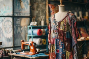 A stylish patchwork dress on a mannequin, with a sewing machine and fabric rolls in the background.