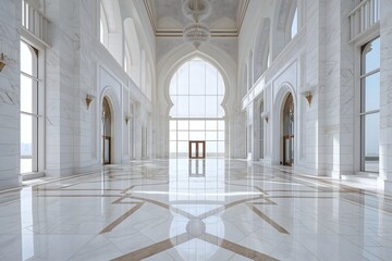 Obraz premium A backdrop of the interior hall with marble floor and tall arched windows, marble pattern on the floors, modern architecture in Doha