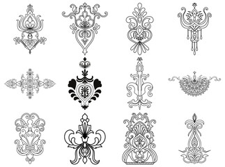 damask abstract element For use in assembling fabric patterns Wallpaper pattern consists of black lines on a white background.