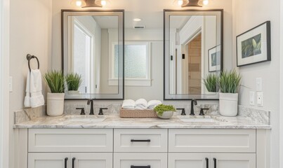 Cozy bathroom with a blank frame above the vanity