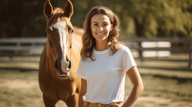 Happy woman in white crewneck t-shirt standing next to a brown horse outdoors on a sunny day - T-shirt mockup with horse in nature