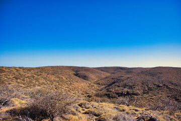 Rolling hills with sparse outback vegetation in the arid inland part of Cape Range National Park, Western Australia.
