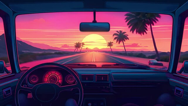 retro 80s style car driving into sunset