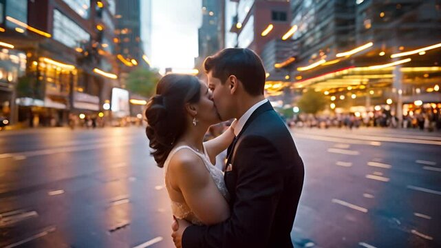 Married couple kissing in the middle on street. Timelapse, people walking arround them.