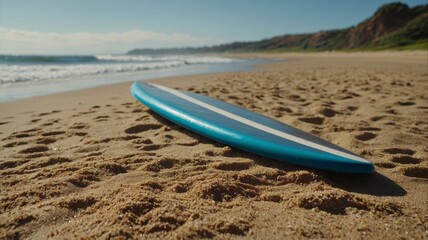 Surfboard on the beach sand, beautiful beach in the background, concept of leisure, summer, sport.