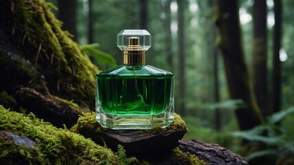 Perfume bottle with green liquid inside, on a tree trunk, forest in the background.