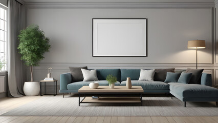 interior with sofa. mock up poster frame in the wall