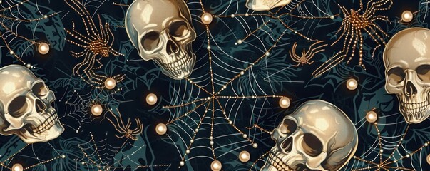 Elegant Halloween pattern with lacey spider webs, pearls, and gothic skulls on a dark background