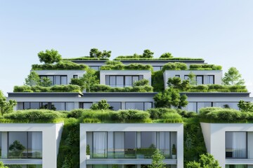 Fototapeta premium A sustainable urban area featuring rooftop gardens and energyefficient homes with copy space