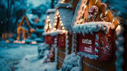 Cute food gingerbread house Santa mail letter box Christmas decor cozy winter scene festive  snow icing holiday tradition sweet cooking recipe background banner kids magic wishes miniature display ad