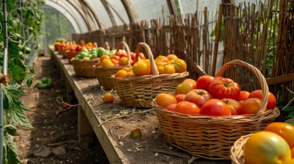 Different tomatoes in baskets near the greenhouse. Harvesting tomatoes. 