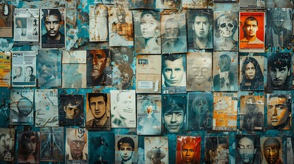 A wall covered with posters of missing persons, symbolizing the ongoing search for truth and justice on the International Day of Remembrance of Enforced Disappearance. Copy space for text, sharp