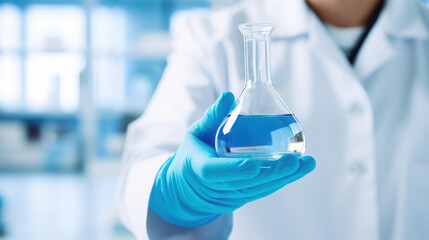 Fototapeta premium Image of lab beaker held by analysts gloved hand.