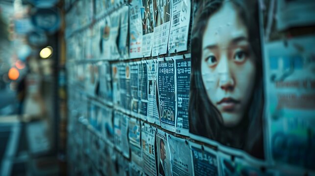 A wall covered with posters of missing persons, symbolizing the ongoing search for truth and justice on the International Day of Remembrance of Enforced Disappearance. Copy space for text, sharp