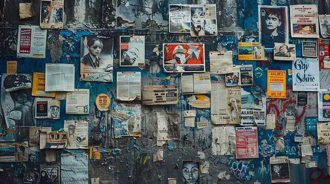 A wall covered with posters of missing persons, symbolizing the ongoing search for truth and justice on the International Day of Remembrance of Enforced Disappearance. Copy space for text, sharp