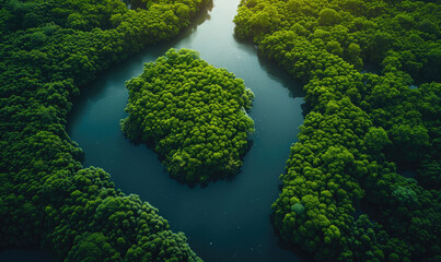 River flowing through lush green forest aerial view