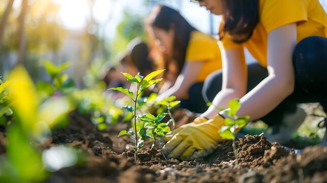 A group of volunteers planting trees in a community park, promoting environmental charity efforts on International Day of Charity. Copy space for text, sharp focus and clear light, high clarity, no