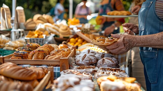 A community bake sale with people purchasing homemade goods to support local charities on the International Day of Charity. Copy space for text, sharp focus and clear light, high clarity, no grunge,