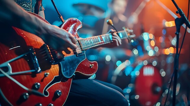 A charity concert with musicians performing on stage, with proceeds going to support various charitable causes, held on the International Day of Charity. Copy space for text, sharp focus and clear