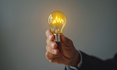 Businessman holding lit light bulb representing innovative ideas