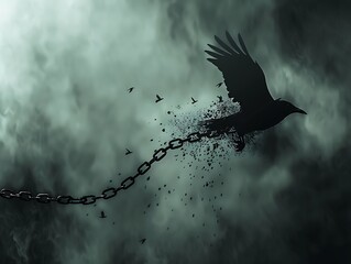 A symbolic image of a broken slave collar transforming into a bird taking flight, representing the journey from slavery to freedom.